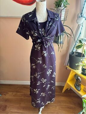 Vintage 2 piece Purple Floral Maxi Dress & cropped blouse topper